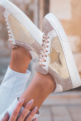 Dear Lover Gold Glitter Star Patchwork PU Leather Lace-up Sneakers