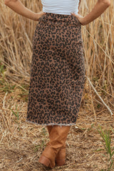 Brown Leopard Denim Frayed Split Denim Midi Skirt