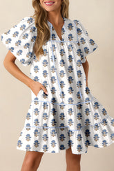 Sky Blue Floral Puff Sleeve Tied Neck Pocketed Mini Dress