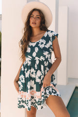 Green Floral Print Ruffle Sleeve Empire Waist Mini Dress