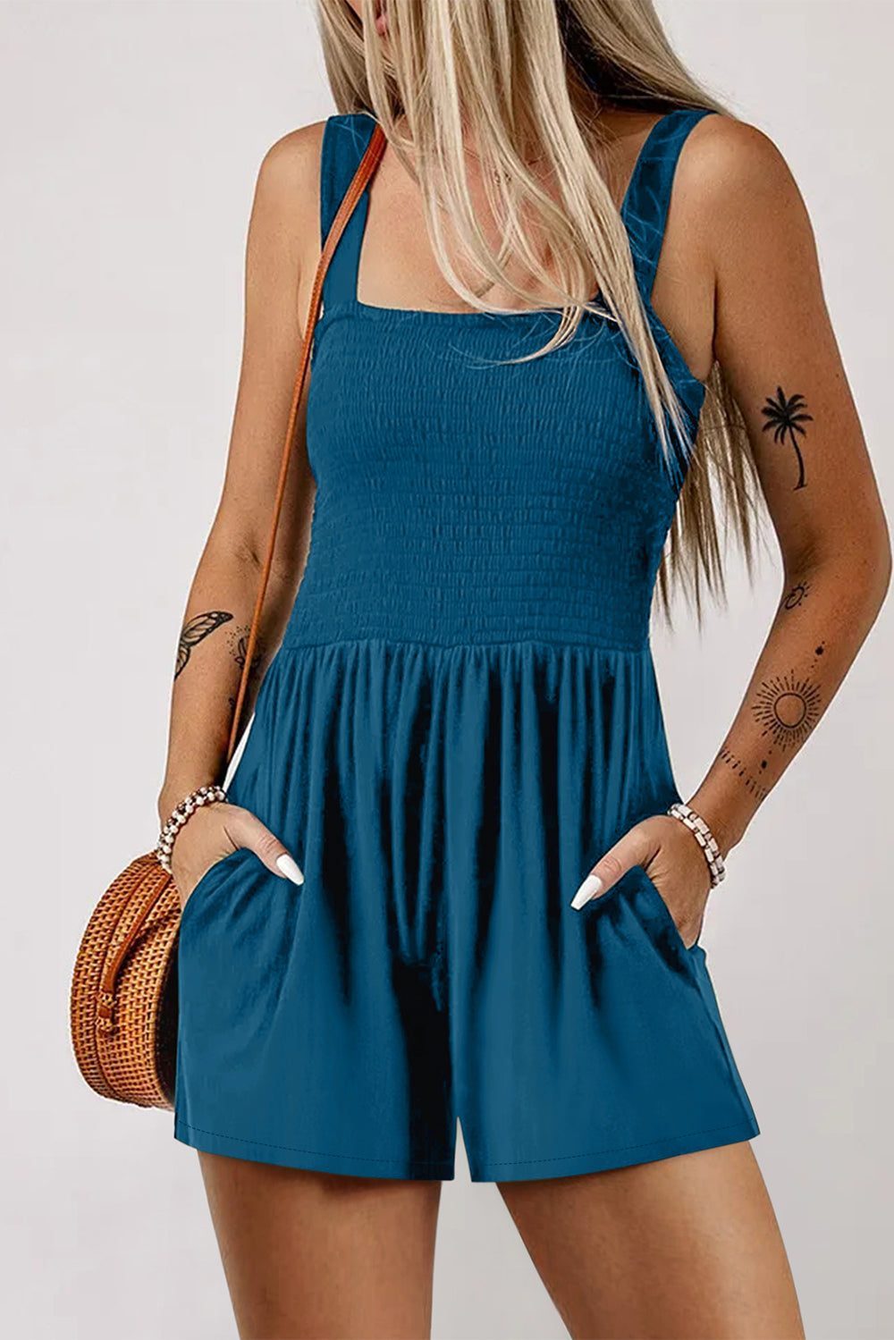 Blue Casual Pocketed Smocked Sleeveless Romper