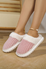Pink Ribbed Plush Color Block Winter Slippers