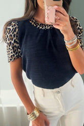 Navy blue ribbed contrast leopard patchwork short sleeve top for women – AnLi Fashion South Africa