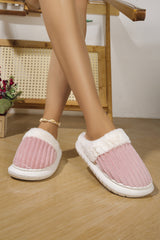 Pink Ribbed Plush Color Block Winter Slippers
