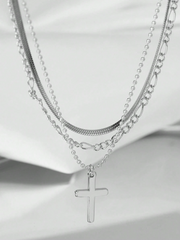 Silver Layered Cross Necklace Set