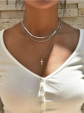 Silver Layered Cross Necklace Set