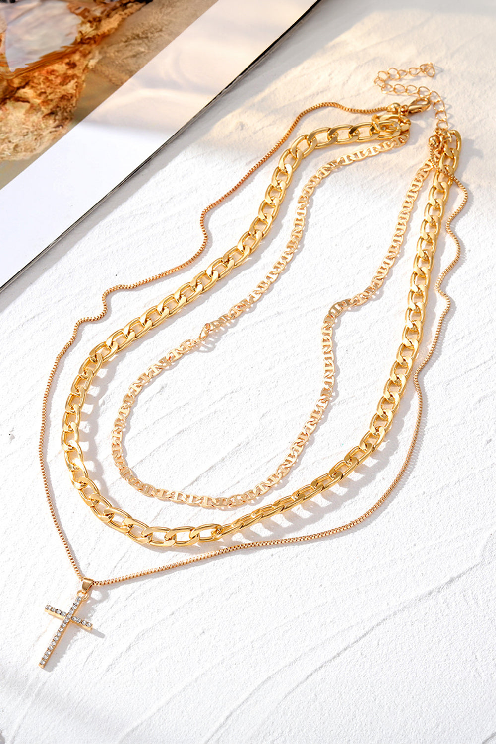 Gold Plated Cross Pendant Multi Layer Stacked Chains Necklace