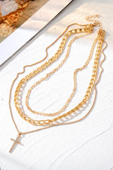Gold Plated Cross Pendant Multi Layer Stacked Chains Necklace
