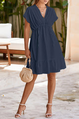 Navy Blue Double Drawstring Detail High Waist V Neck Short Sleeve Mini Dress