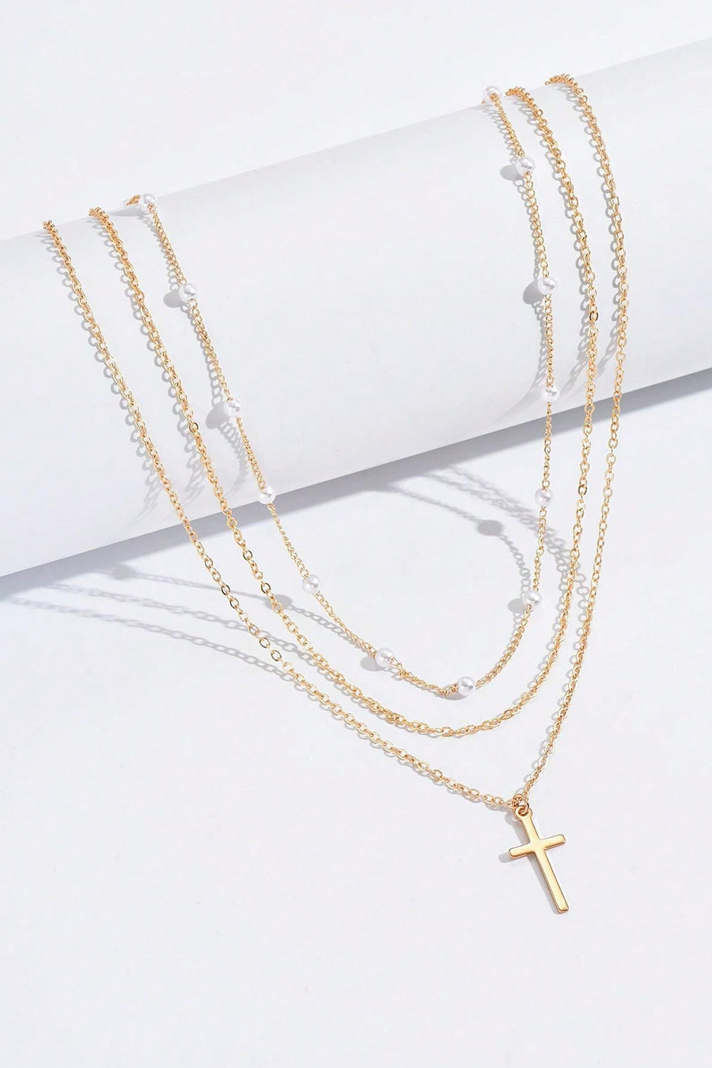 Gold Plated Cross Pendant Pearl Decor Triple Layer Chain Necklace