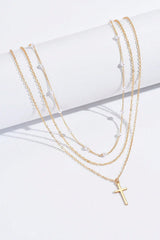 Gold Plated Cross Pendant Pearl Decor Triple Layer Chain Necklace