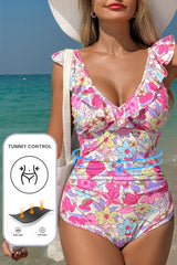 Pink Floral Ruffle Trim V Neck Lace-up Back Tummy Control One Piece Swimsuit