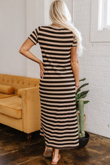 Black Stripe Casual Round Neck T-shirt Maxi Dress with Pockets