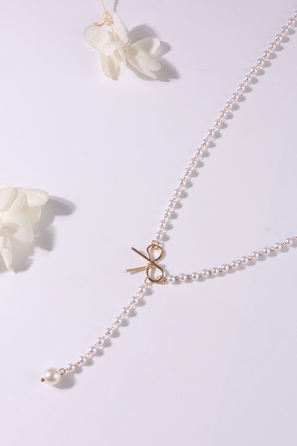 Gold Plated Bow Decor Pearl Chaining Necklace