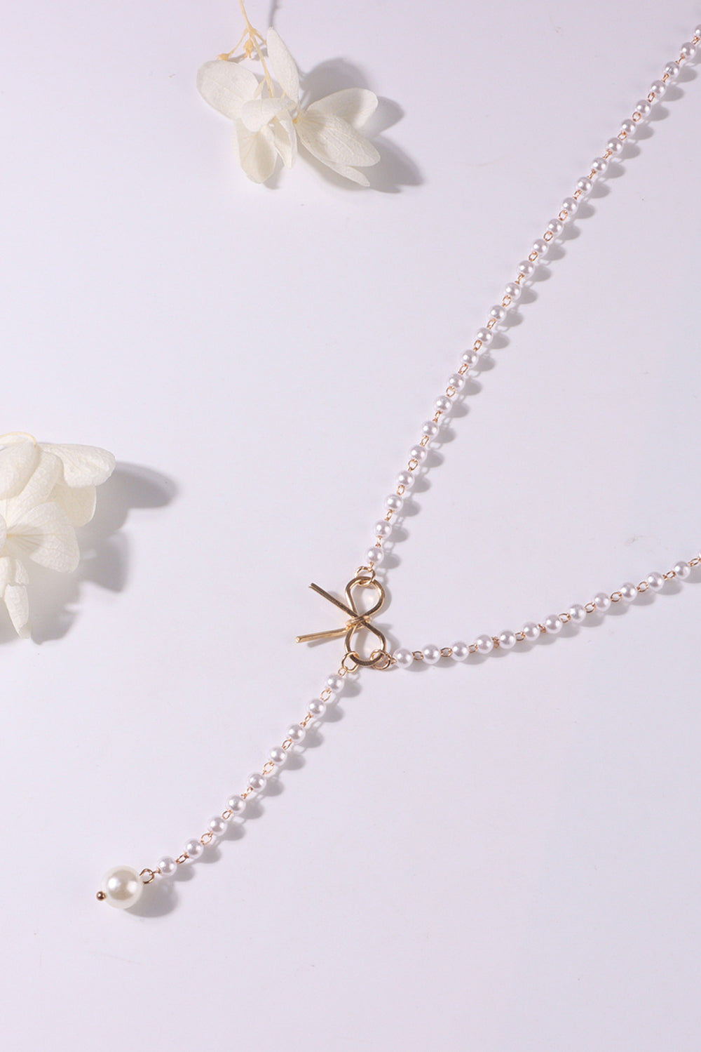 Gold Plated Bow Decor Pearl Chaining Necklace