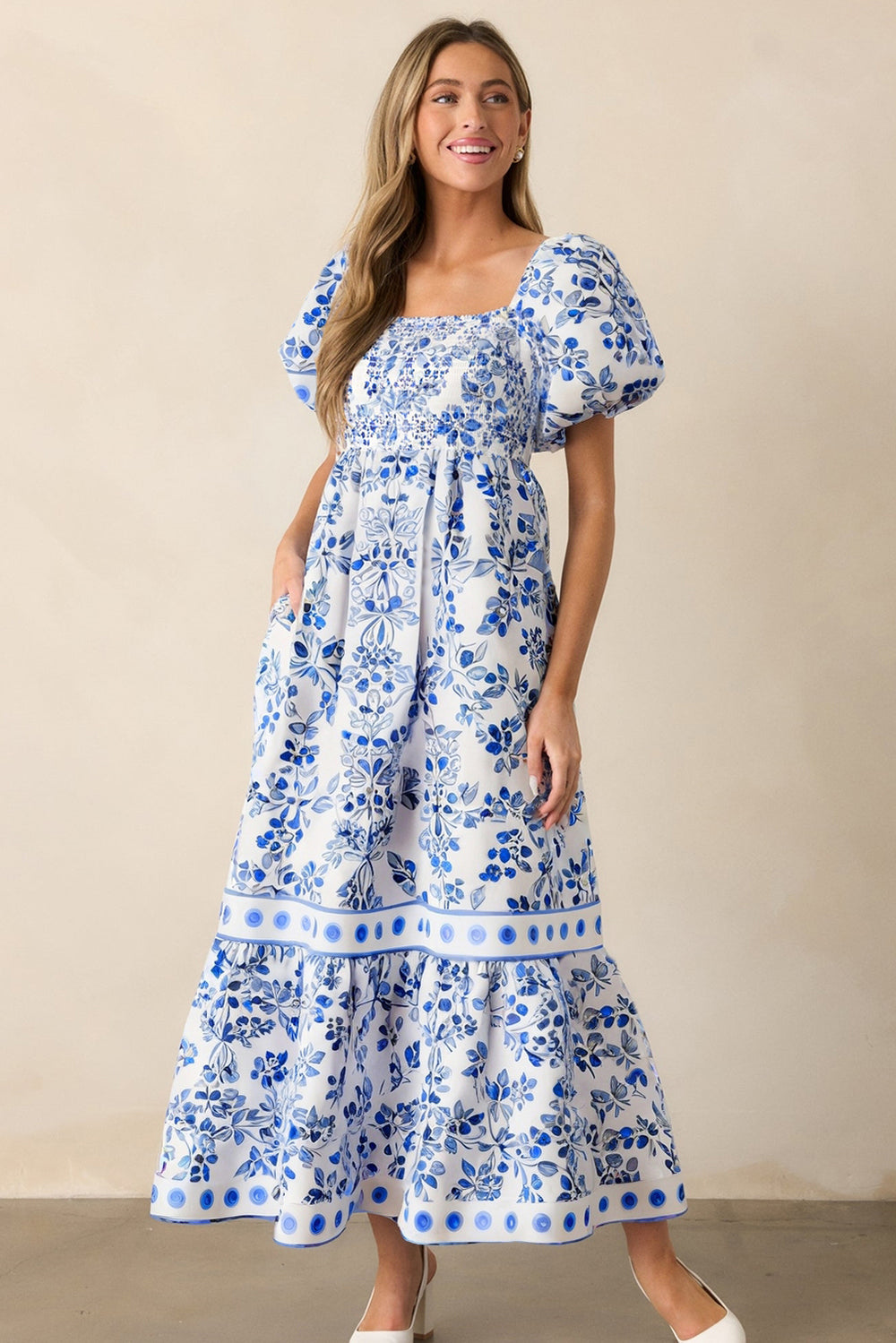 Sky Blue Floral Print Square Neck Bubble Sleeve High Waist Maxi Dress