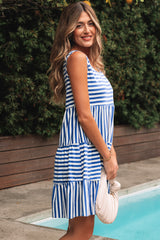 Sky Blue Stripe U Neck Sleeveless Loose Fit Mini Dress