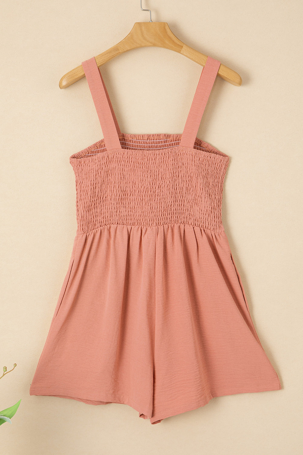 Apricot Pink Casual Pocketed Smocked Sleeveless Romper