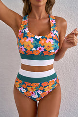 Dear Lover Green Floral Print Racerback Cutout High Waist 2pcs Bikini