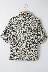 Khaki Leopard Color Block Contrast Striped V Neck Half Sleeve Loose Fit Blouse