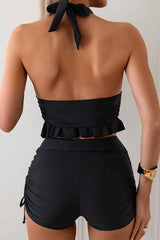 Black Halter V Neck Ruffled Swim Top and Drawstring Ruched High Waist Bikini