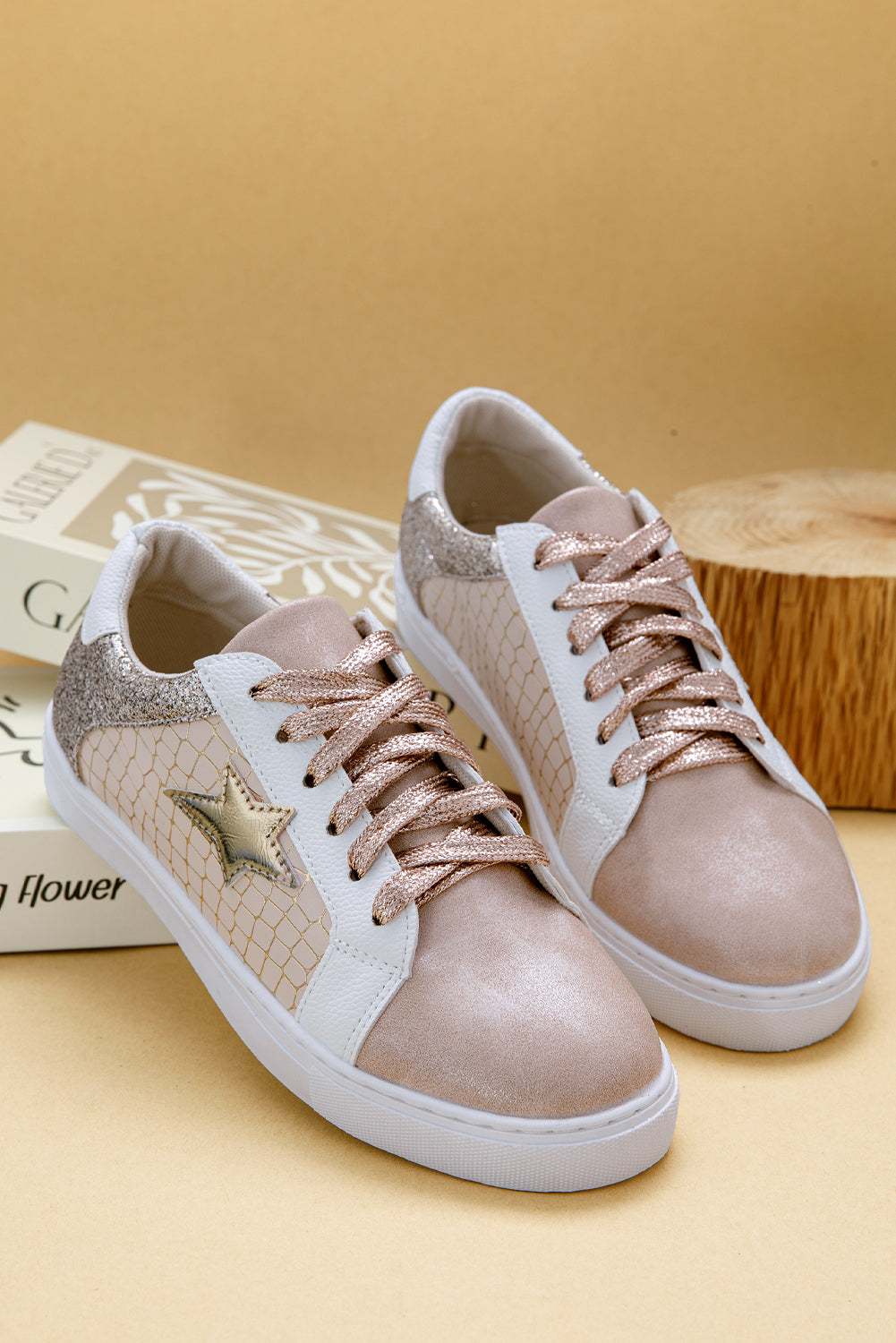 Dear Lover Gold Glitter Star Patchwork PU Leather Lace-up Sneakers
