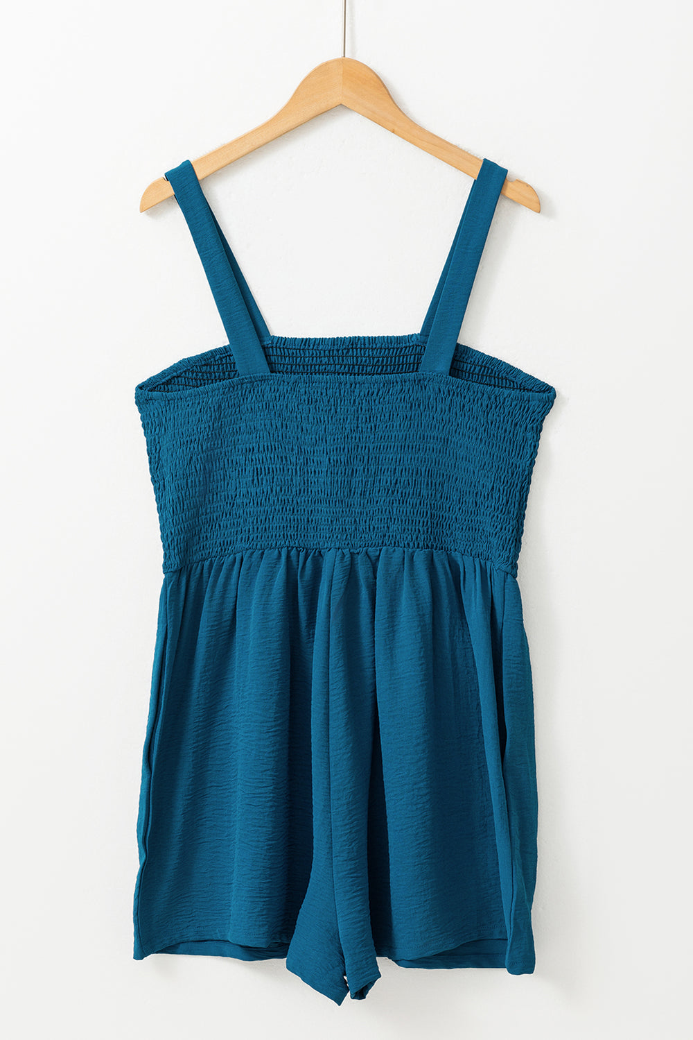 Blue Casual Pocketed Smocked Sleeveless Romper