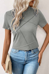 Medium Grey Solid Color Toothpick Stripe Round Neck T Shirt