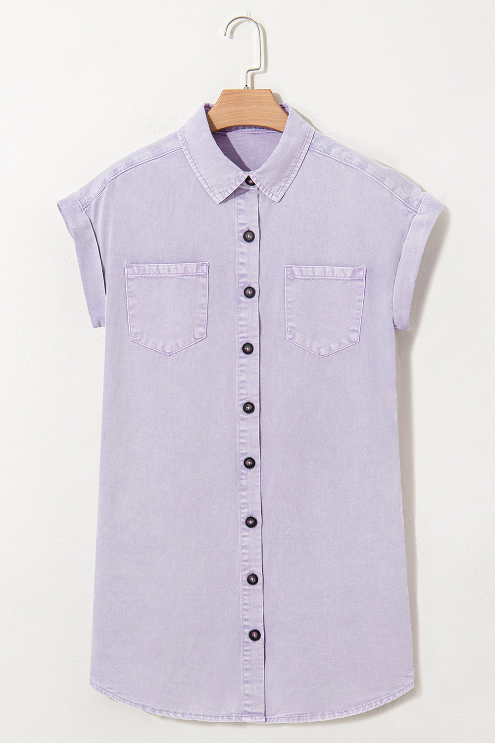 Orchid Petal Short Sleeve Double Chest Pocket Denim Shirt Dress