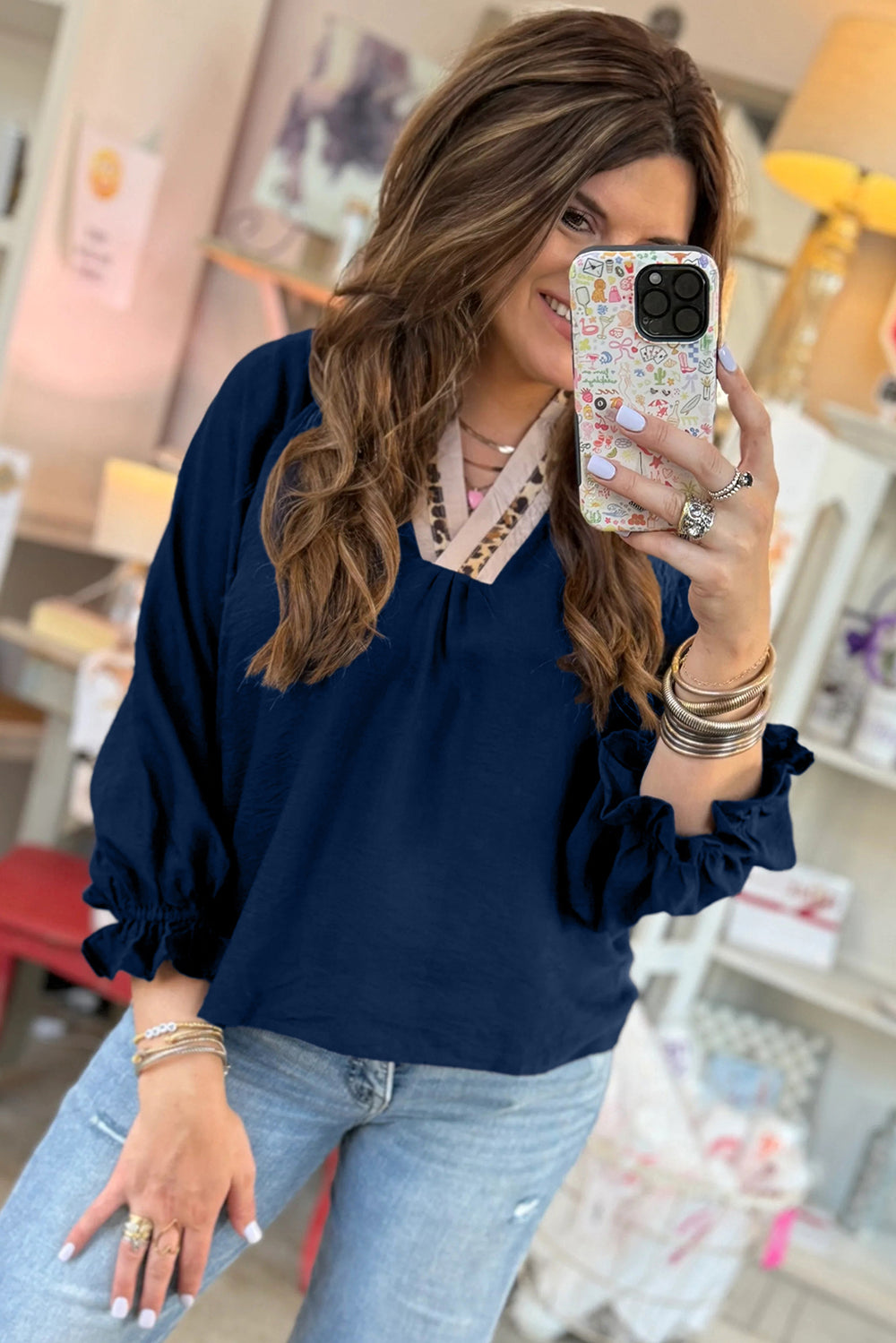 Dirty blue Leopard Trim V Neck Flounced Bracelet Sleeve Blouse