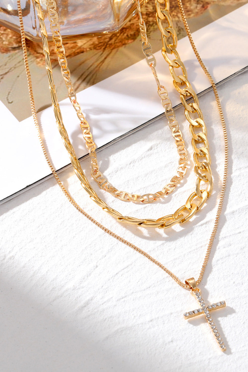 Gold Plated Cross Pendant Multi Layer Stacked Chains Necklace