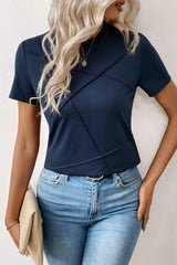 Dirty blue Solid Color Toothpick Stripe Round Neck T Shirt