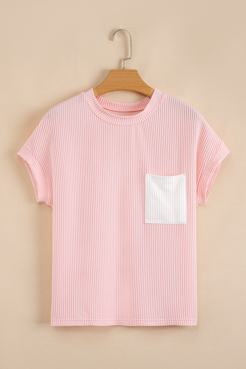 Pink Corded Knit Color Block Pocketed Crew Neck T Shirt