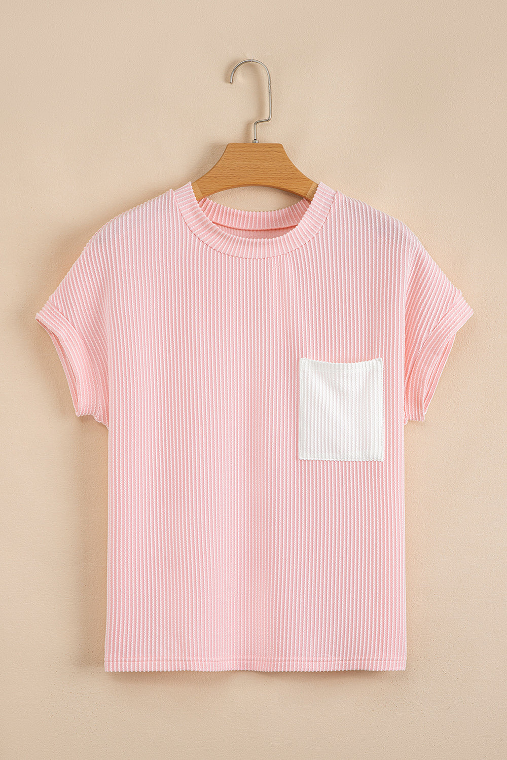 Pink Corded Knit Color Block Pocketed Crew Neck T Shirt