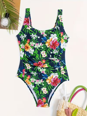 Floral One-Piece Swimsuit – Navy Tropical Print