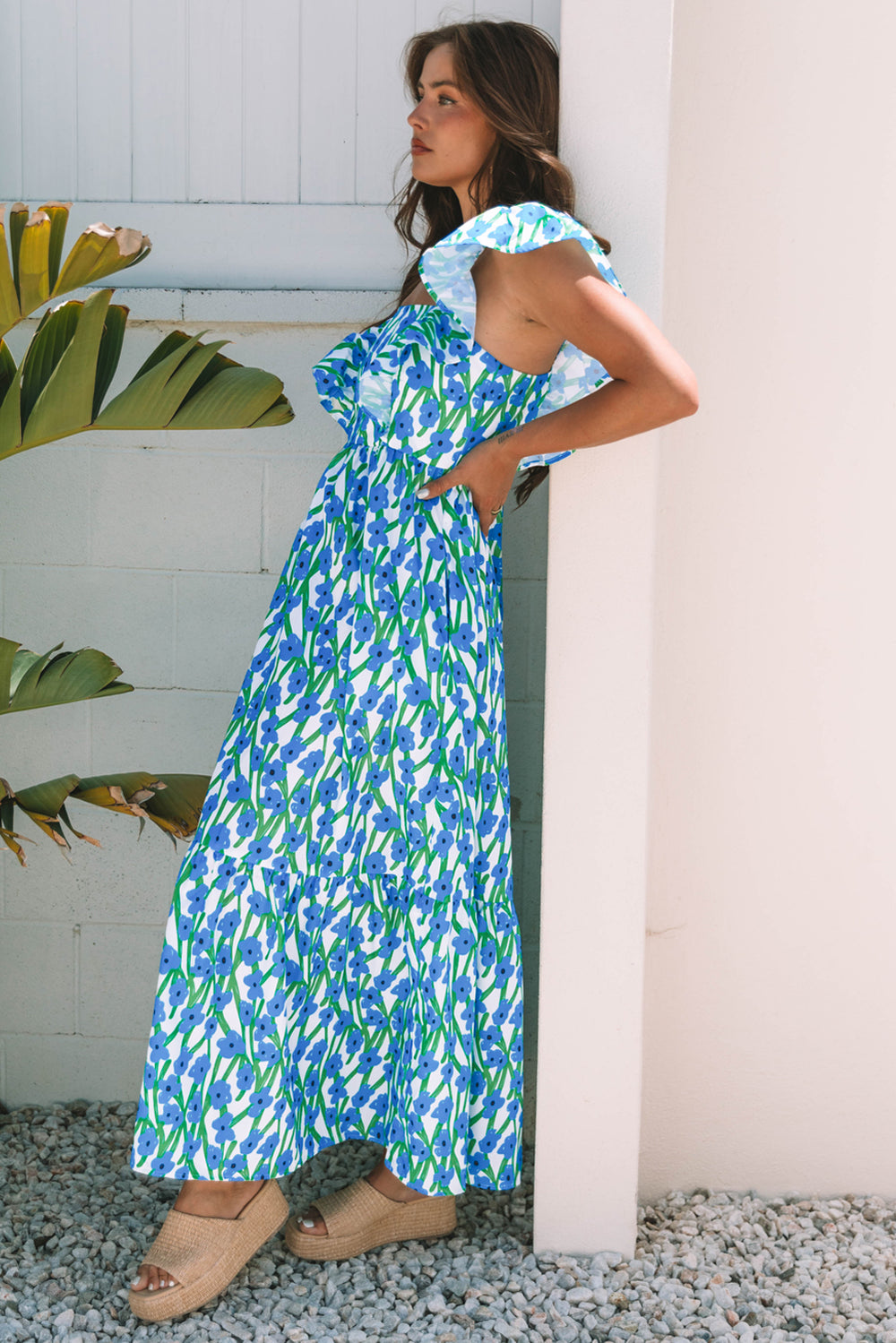 Blue Floral Print Square Neck Ruffled Strap Maxi Dress