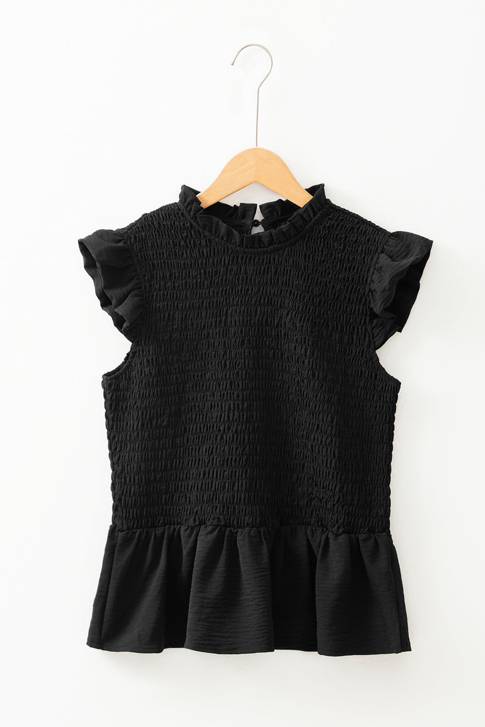 Black Ruffle Short Sleeve Shirred Peplum Top