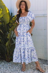 Sky Blue Floral Print Square Neck Bubble Sleeve High Waist Maxi Dress