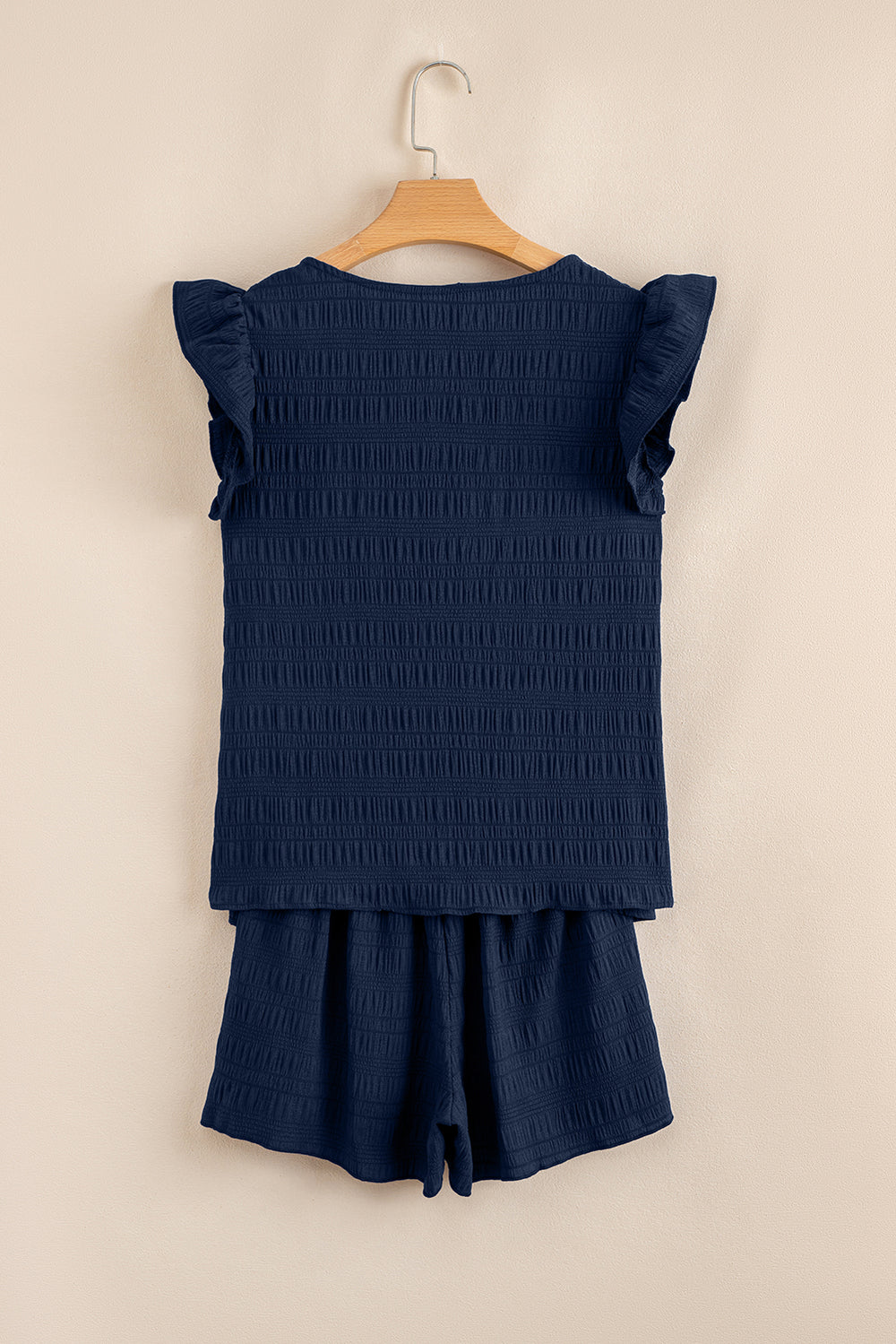 Dirty blue Textured Square Neck Top and Shirred High Waist Shorts Set