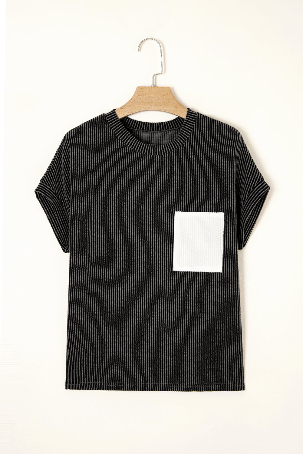 Carbon Grey Corded Knit Color Block Pocketed Crew Neck T Shirt