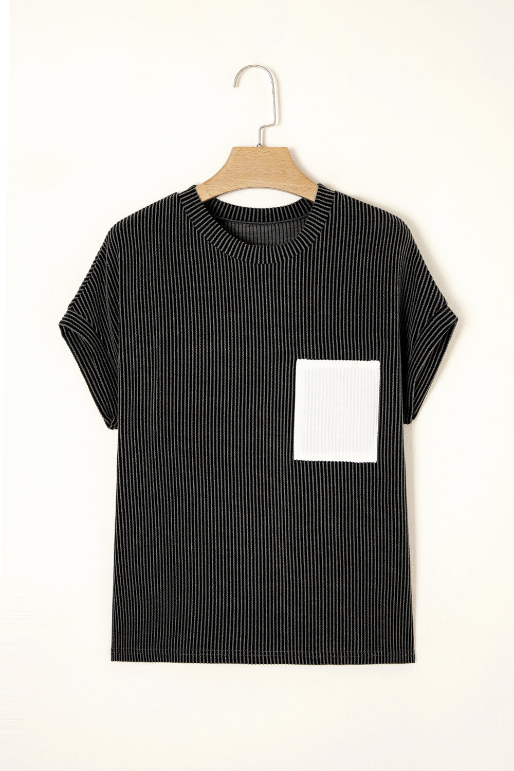 Carbon Grey Corded Knit Color Block Pocketed Crew Neck T Shirt