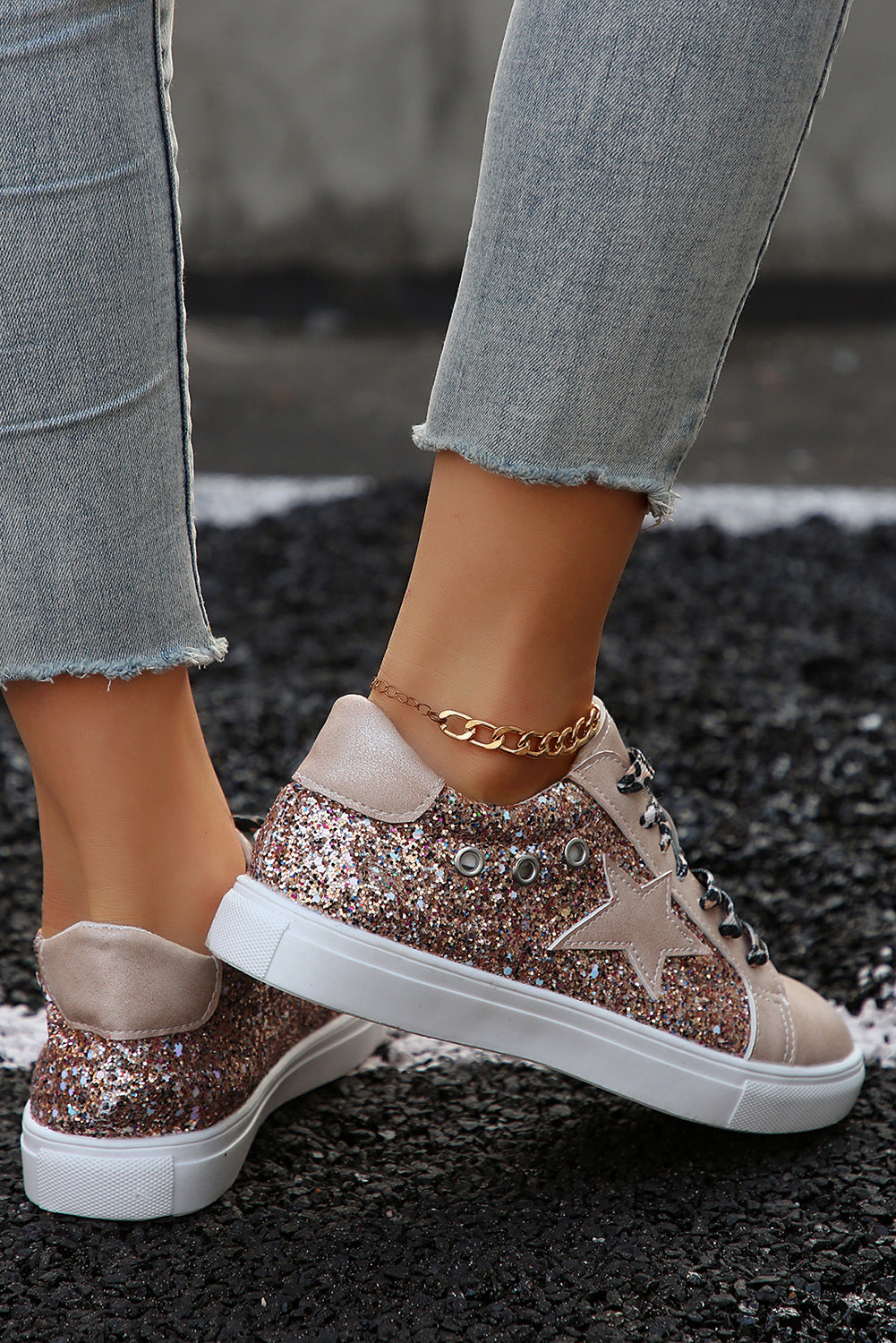 Gold Star Sequin Patchwork Leopard Lace-up Shoes