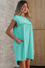 Mint Green Frilled Trim Crew Neck Loose Fit Mini Dress