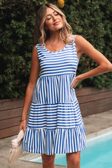 Sky Blue Stripe U Neck Sleeveless Loose Fit Mini Dress