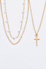 Gold Plated Cross Pendant Pearl Decor Triple Layer Chain Necklace