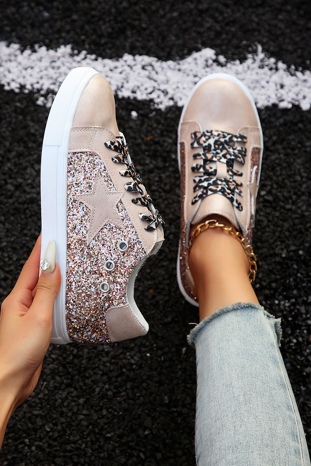 Gold Star Sequin Patchwork Leopard Lace-up Shoes