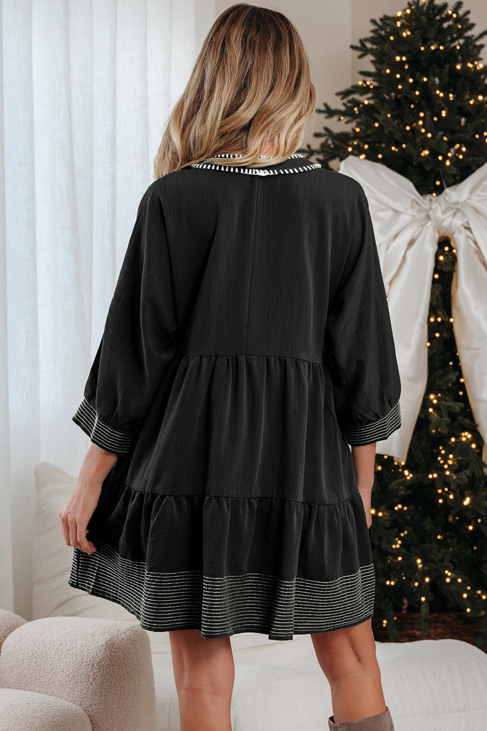 Black Contrast Stitched V Neck 3/4 Sleeve Tiered Mini Dress