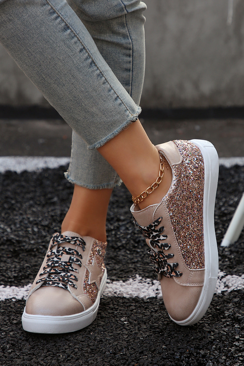 Gold Star Sequin Patchwork Leopard Lace-up Shoes