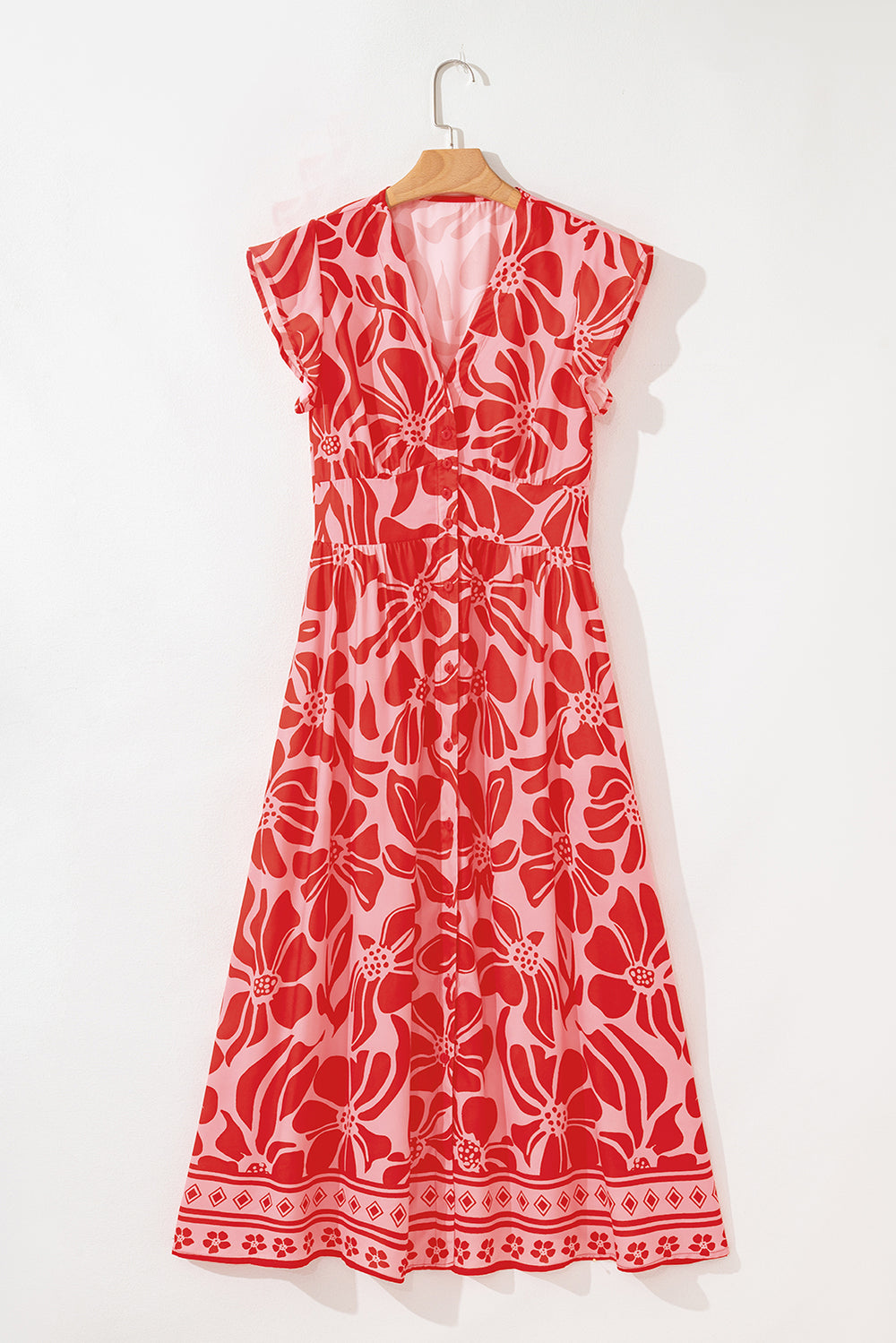 Red Boho Floral Short Sleeve V Neck Buttoned Shirred Waist Long Dress