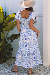 Sky Blue Floral Print Square Neck Bubble Sleeve High Waist Maxi Dress